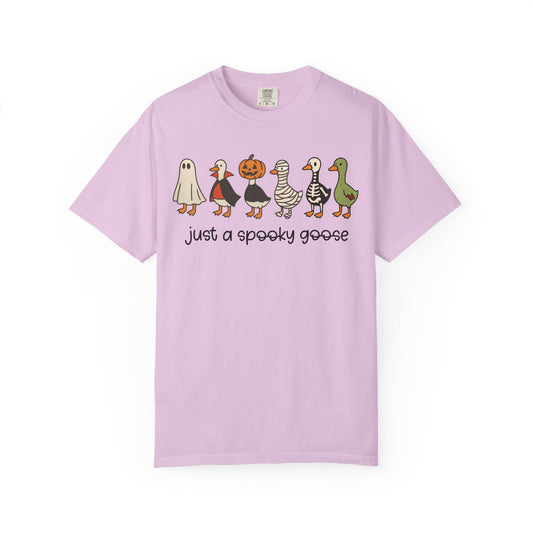 Spooky goose halloween print on an Orchid women's shirt
