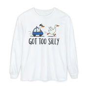 Goose running from a police car with the line Got Too Silly, printed on a white women's long sleeve shirt