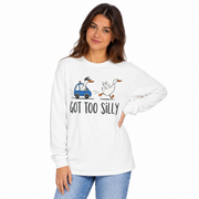 Goose running from a police car with the line Got Too Silly, printed on a women's long sleeve shirt