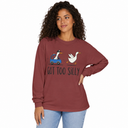 Goose running from a police car with the line Got Too Silly, printed on a women's long sleeve shirt