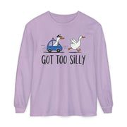 Goose running from a police car with the line Got Too Silly, printed on an orchid women's long sleeve shirt