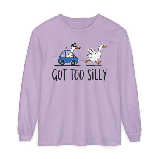 Goose running from a police car with the line Got Too Silly, printed on an orchid women's long sleeve shirt