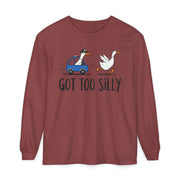 Goose running from a police car with the line Got Too Silly, printed on a brick women's long sleeve shirt
