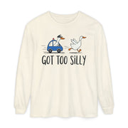 Goose running from a police car with the line Got Too Silly, printed on an ivory women's long sleeve shirt