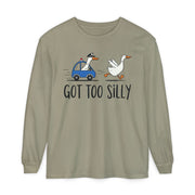 Goose running from a police car with the line Got Too Silly, printed on a sandstone women's long sleeve shirt