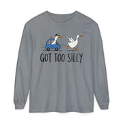 Goose running from a police car with the line Got Too Silly, printed on a grey women's long sleeve shirt