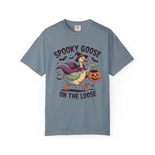 Spooky Goose on the Loose halloween print on a Blue Jean women's shirt
