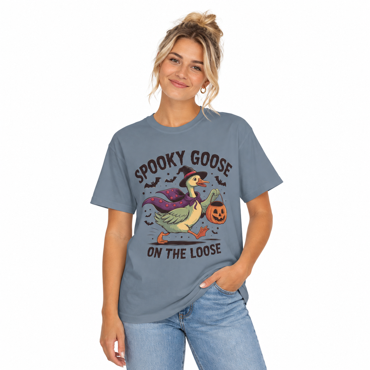 Women's Spooky Goose Halloween Shirt styled in a lifestyle photo