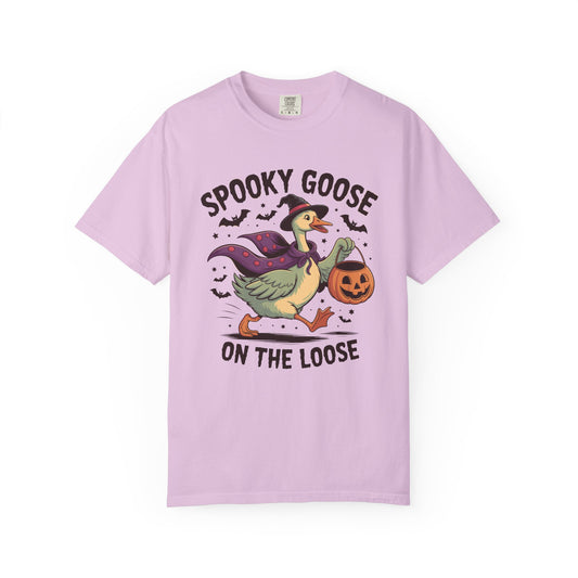 Spooky Goose on the Loose halloween print on an Orchid women's shirt