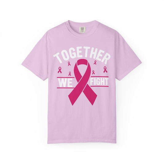 Together We Fight pink ribbon print on an Orchid women's shirt