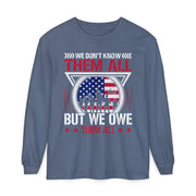 We Don't Know Them All, But We Owe Them All chest print on a blue jean women's long sleeve shirt