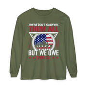 We Don't Know Them All, But We Owe Them All chest print on a hemp green women's long sleeve shirt